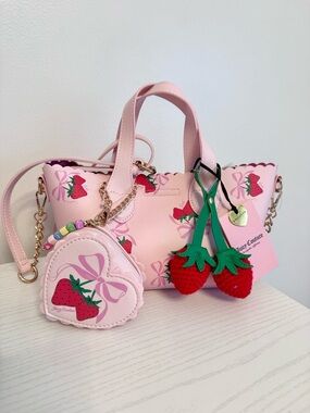 Juicy Couture Pink Sweet Strawberry Tote with Heart Coin Purse, Crossbody Strap